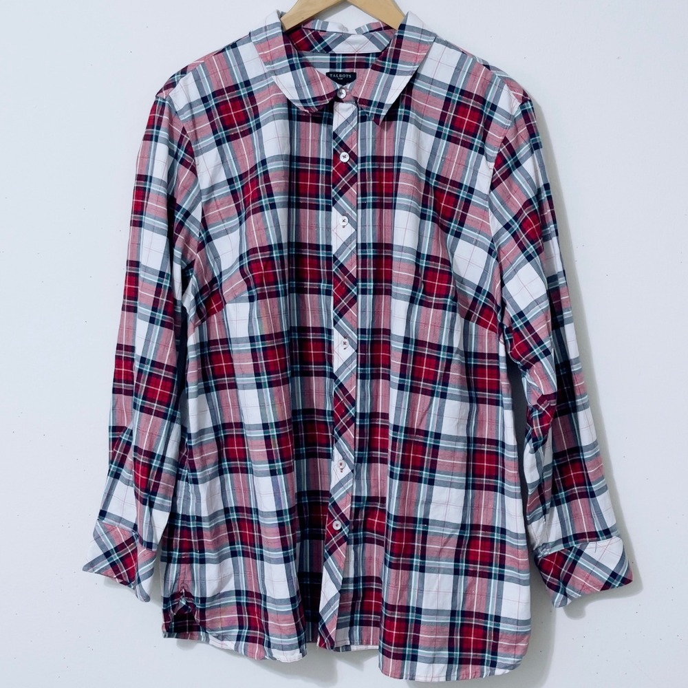 Talbots Plaid Button Down Shirt 3X Red White Blue Metallic Classic Preppy Casual